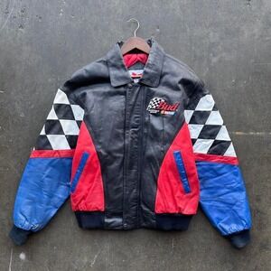 Vintage Budweiser Checkered Leather NASCAR Jacket Sz Large